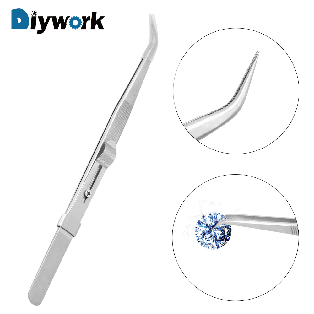 DIYWORK Presicion Industrial Tweezers for Jewelry Electronic Curved Tip Anti Static Stainless Steel Slide Lock Adjustable