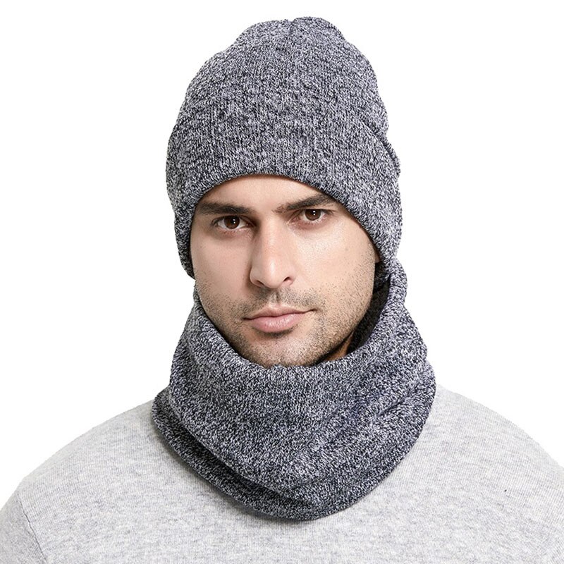Vinter strikkede hatte tørklæde sæt tykne plus fløjl unisex varme beanies bløde mænd kvinder bomuld solid tørklæde hat kit: Lysegrå