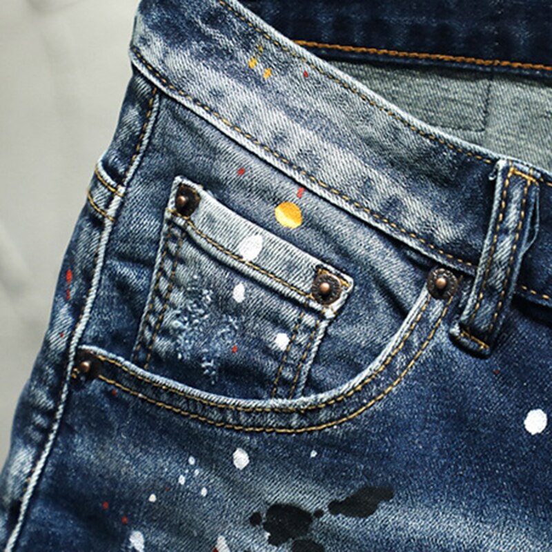 Short en jean déchiré peint pour hommes, Streetwear, Slim, trous, culotte extensible, été