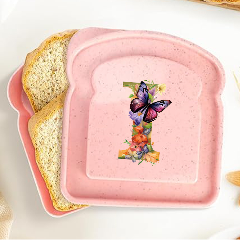 Caja de almacenamiento para tostadas y sándwiches con tapa, fiambrera portátil para alimentos, bolsa de almuerzo para pan, contenedor organizador Bento, patrón de letras de mariposa: Verde