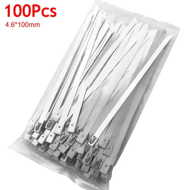 100 stuks 4.6 x 100/250mm roestvrijstalen kabelbinders met metalen ritssluiting en uitlaatwikkeling, gecoat en multifunctioneel vergrendelbaar: 100mm