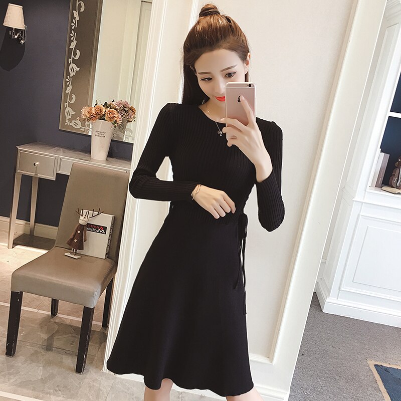 Knitting Long Sleeve Dress Autumn Women's clothing Slim Lace up Elasticity knitted Sweater A-line Dresses