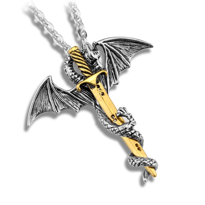 Super Personality Cool Stainless Steel Pendant Luminous Necklace Pterosaur Sword Jewelry Men Necklace Dragon Punk Necklace: gold