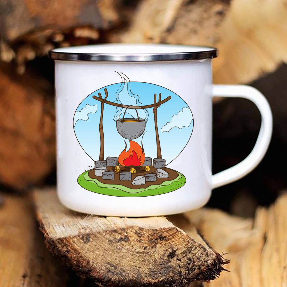 Tazas de Camper con estampado de caravana, taza esmaltada para acampar, aventura, fogata, , cerveza, jugo, tazas con mango de montaña, para Camper: YELLOW