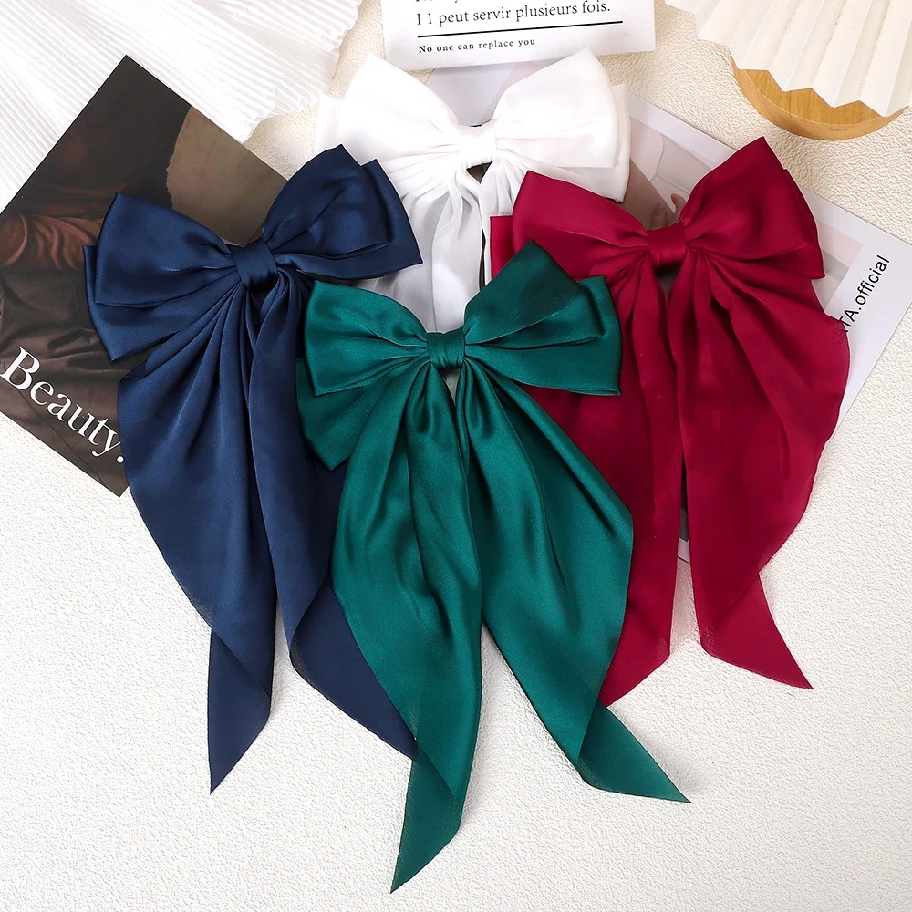 Clips de satén flotantes con lazo grande y largo para niña, Clip para el pelo para la cabeza trasera, rojo Internet con el mismo temperamento, accesorios elegantes para el cabello,