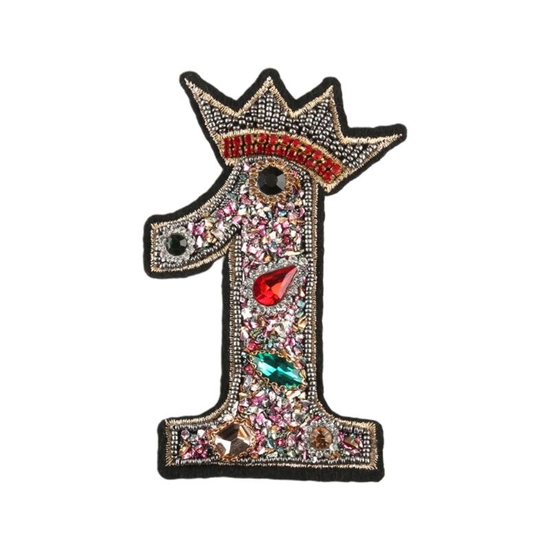 Parche de número 0-9, corona con cuentas de diamantes de imitación para coser/planchar en aplique, insignia, decoración DIY: 1