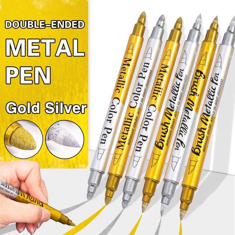 3-6 Pcs Double Head Metallic Marker Pens Gold/Silver 2.5mm Hard Head/brush Head Markers for Painting Stationery School Supplies