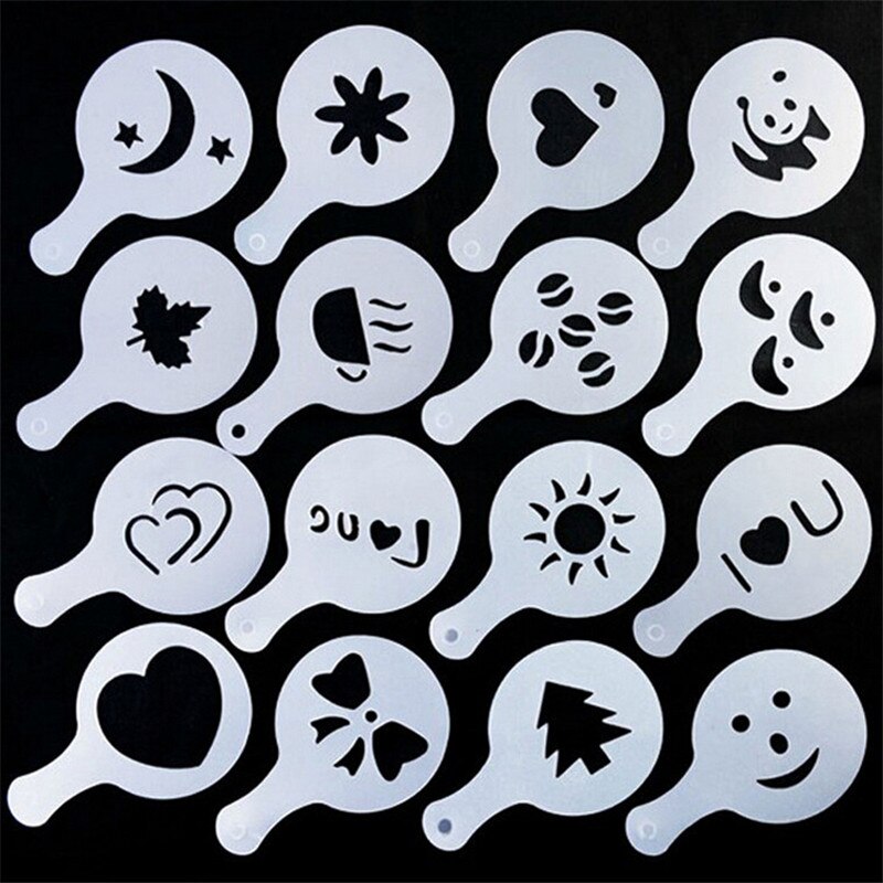 16 Stks/set Cappuccino Mold Fancy Koffie Afdrukken Model Schuim Spuiten Taart Stencils Poedersuiker Cacao Chocolade Koffie Afdrukken: Default Title