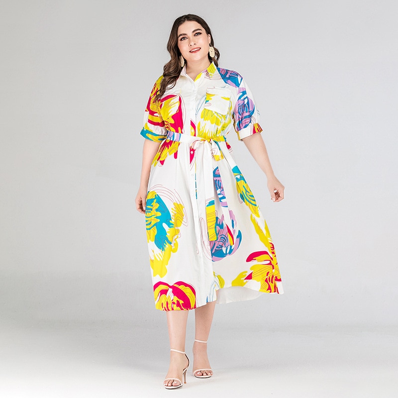 Färgglada tryck skjortklänning kvinnor sommar kort ärm casual klänning plus size maxi långa klänningar