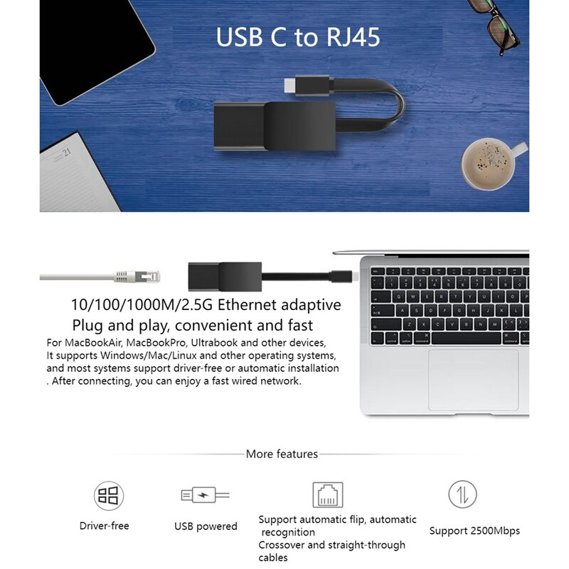 Usb C Ethernet Adapter Netwerkkaart, usb C Tot RJ45 2500Mbps Lan Internet Kabel Voor Windows/Mac Os, Linux, Etc.