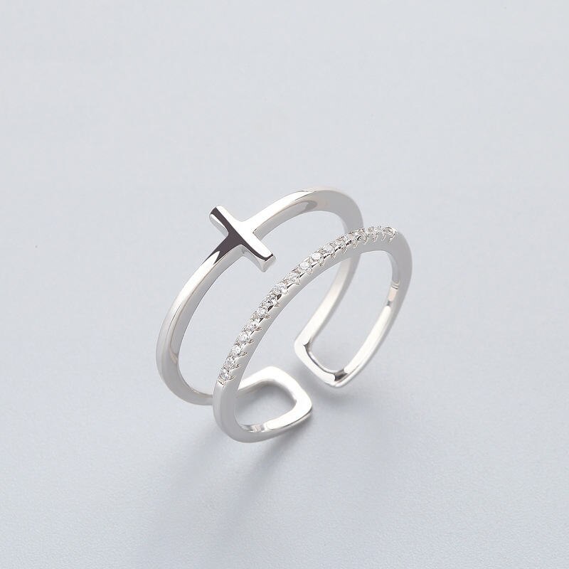 Anillos de apertura minimalistas Retro para mujer, doble capa, Luna, estrellas, Cruz, circón, anillo de dedo ajustable, joyería de personalidad para chica