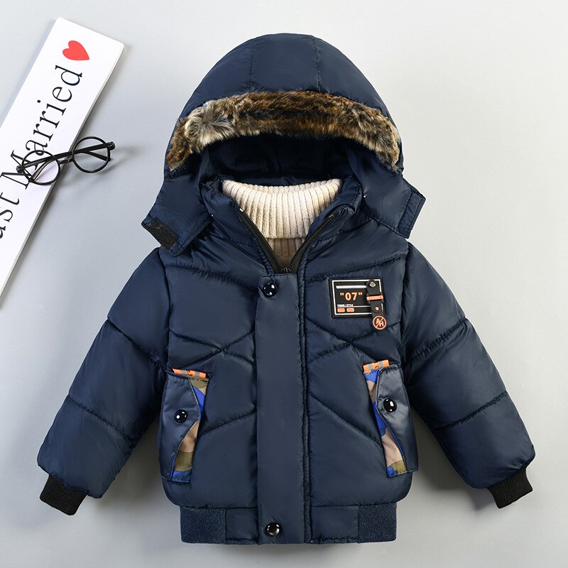 Novo bebê menino casacos 2021 inverno engrossado com capuz para baixo jaqueta para crianças roupas menino algodão o capuz do casaco pode ser removido: Dark blue / 3T