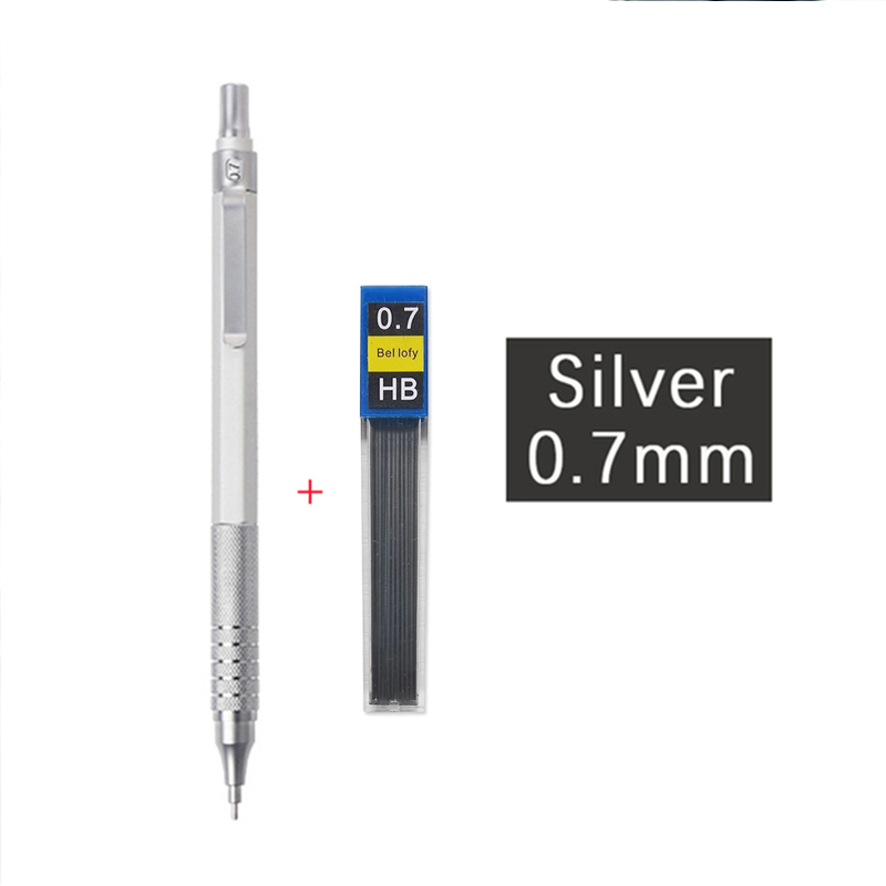 Hochwertiges Druckbleistift-einstellen aus Metall mit Minenminen, Zeichnung, automatischer Bleistift, 0,3, 0,5, 0,7, 2,0 mm, Bleistift für Kunstbedarf: Licht Grau