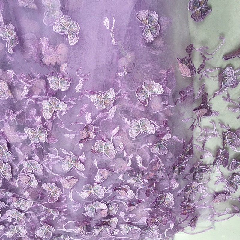 Black light purple blue butterfly Chiffon Fabric Cloth Wedding dress evening dress dress Clothing fabric Embroidered fabric