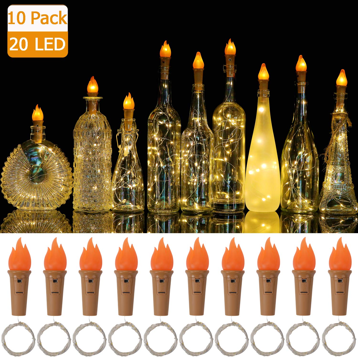 Luces de botella con forma de antorcha y corcho, 20 luces led para botella de vino, cadena de luces con batería, alambre de cobre, luces de hadas estrelladas, decoración para fiestas navideñas.: Blanco cálido