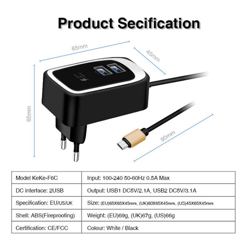 2.4A USB LED Mobile Phone Charger With MICRO Cable Travel Charger With Illuminated Charging Head