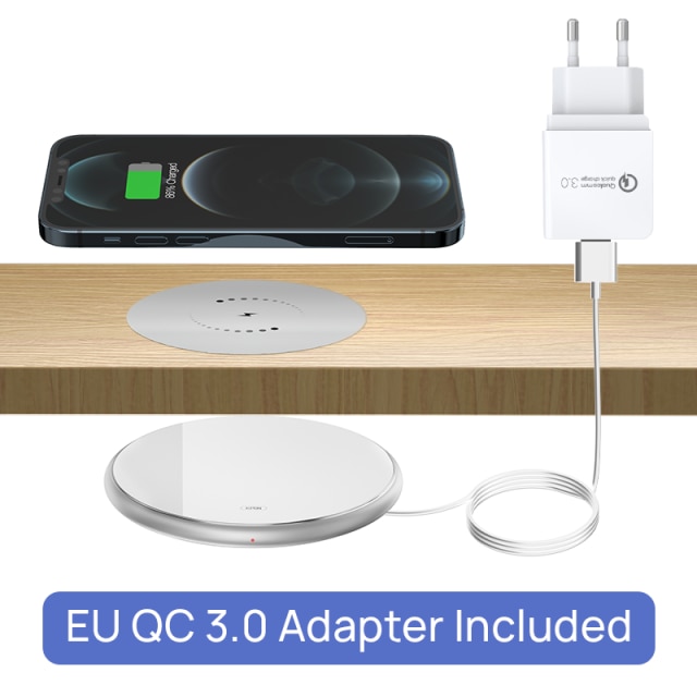 KPON-cargador inalámbrico Invisible, almohadilla de carga inalámbrica de larga distancia oculta para teléfono debajo del escritorio, QI, 10W: White EU Adapter