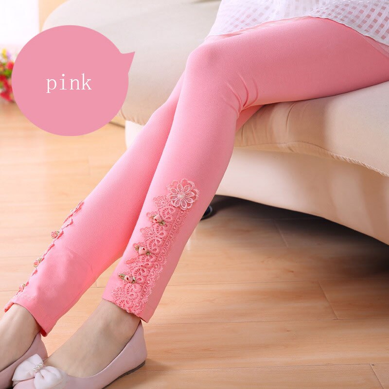Baby Kinderen Mager Leggings Kinderen Broek Meisjes Kant Zachte Katoen Bloem Toevallige Prinses Leggings Voor Meisjes: Roze / 130cm