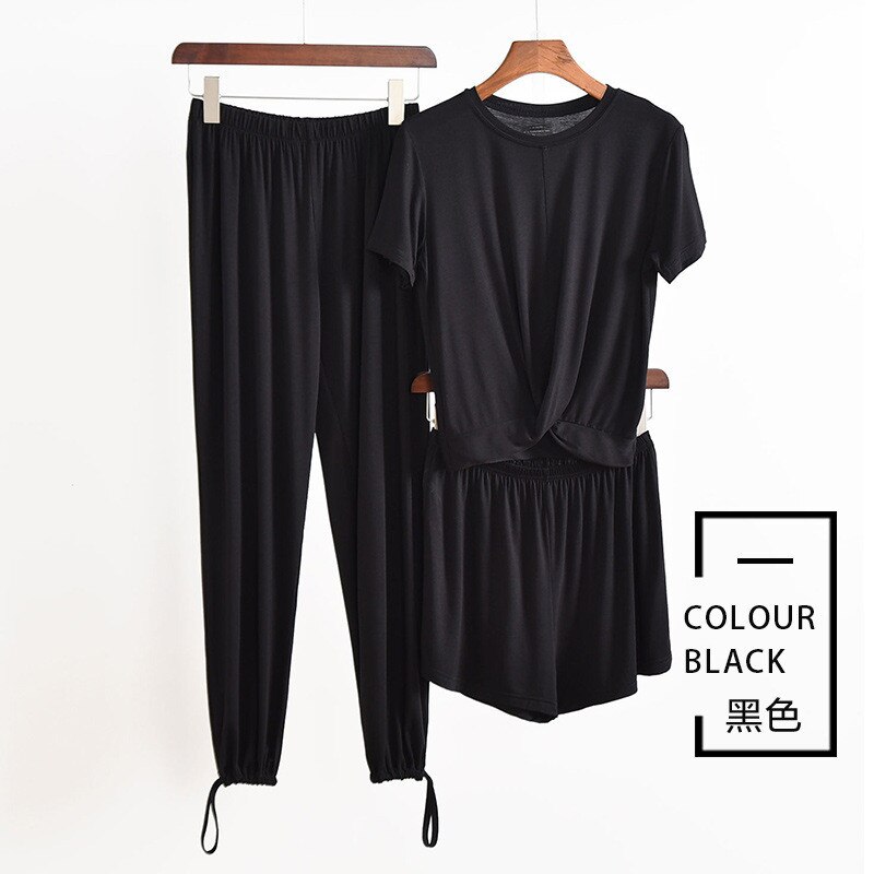 Høst modal hjemmeklær for kvinner pyjamas buksesett høst t-skjorte 3 stk hjemmeklær kvinnelige pyjamas modal lounge wear hjemmedress: Svart / Xl  (61-75) kg