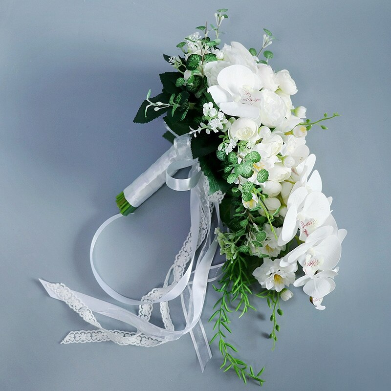 Blanco Phalaenopsis ramo de novia de boda gota de agua ramo tipo cascada Artificial novia accesorio para novia con flores