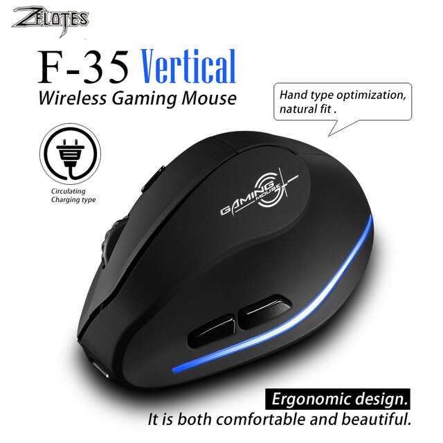 Mouse Raton Zelotes F-35 2.4GHz Vertical Wireless Rechargeable USB 2400DPI 6 Button Gaming Computer Mice For Laptop PC: Default Title