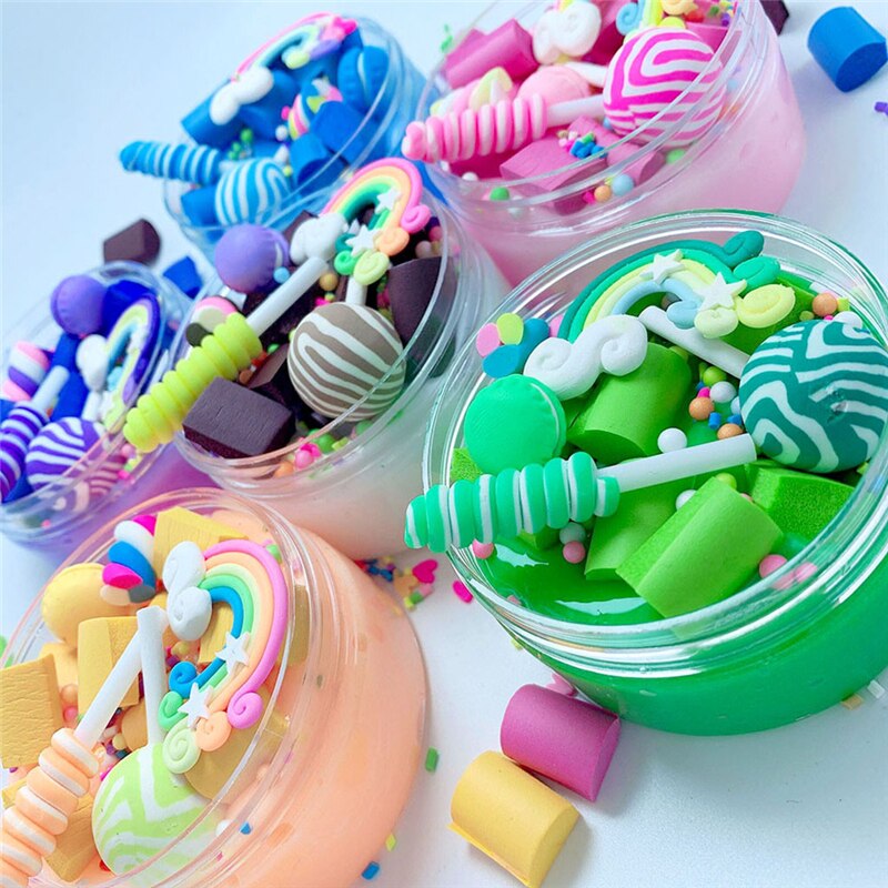 100ml Rainbow arcilla polimerica Charms Clear Slime Beautiful Color Lollipop Slime box Kids Relief Stress Toys brain game A40