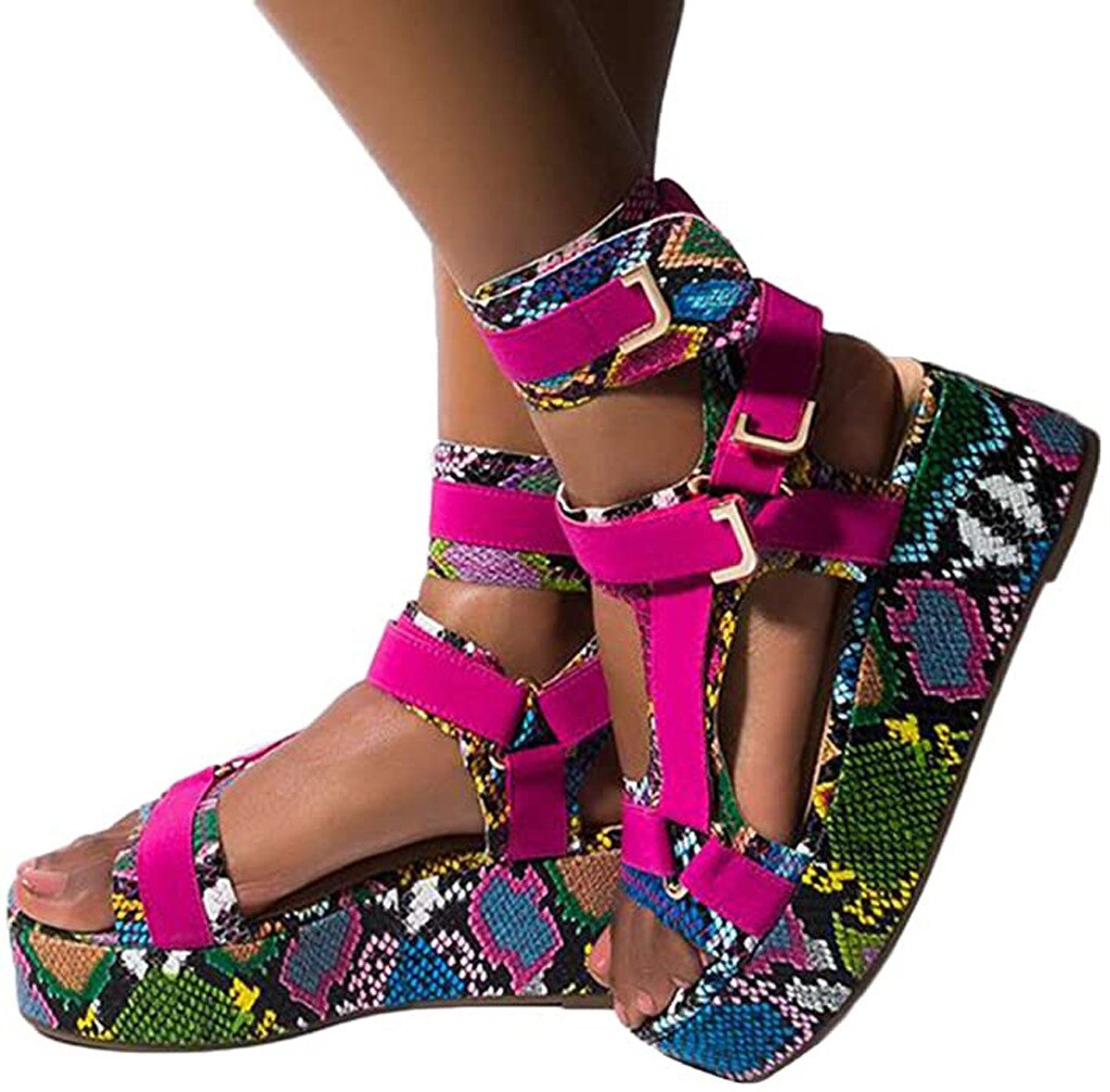Sandalias de plataforma para mujer, zapatos planos para playa con punta abierta, correa de tobillo, piel de serpiente, cuero transpirable, informales