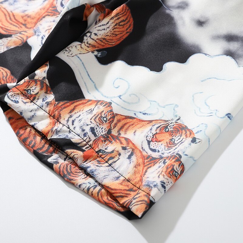 Zomer heren overhemd etnisch bedrukt tijgerprint kraag katoenen korte mouwen los bloemen henley overhemd bloemen overhemd