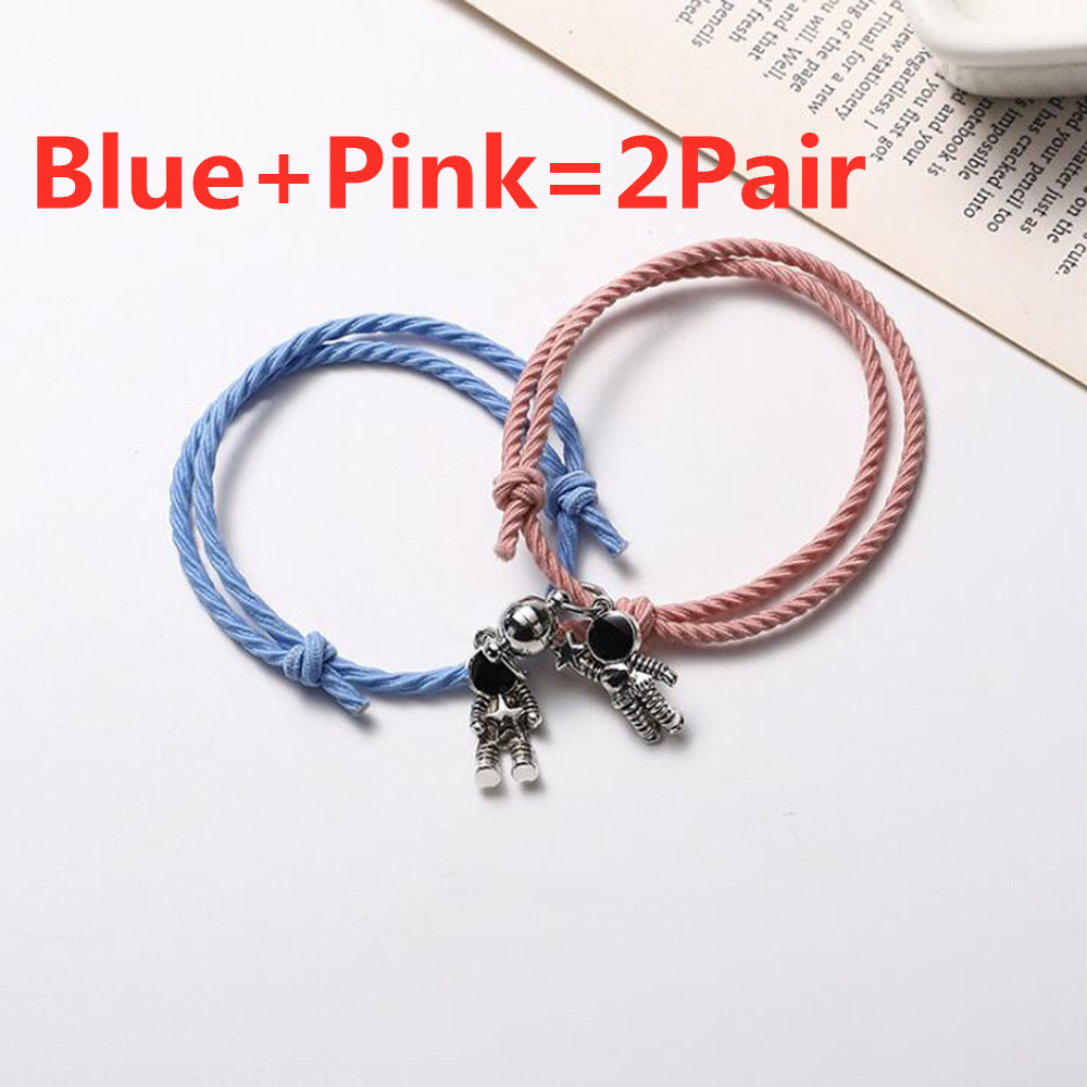 1/2 pary para bransoletka astronauta mała gumowa zespół, aby wysłać dziewczynę chłopak magnes kamień dzwon bransoletka wiązane głowy liny: Blue Pink-2Pair