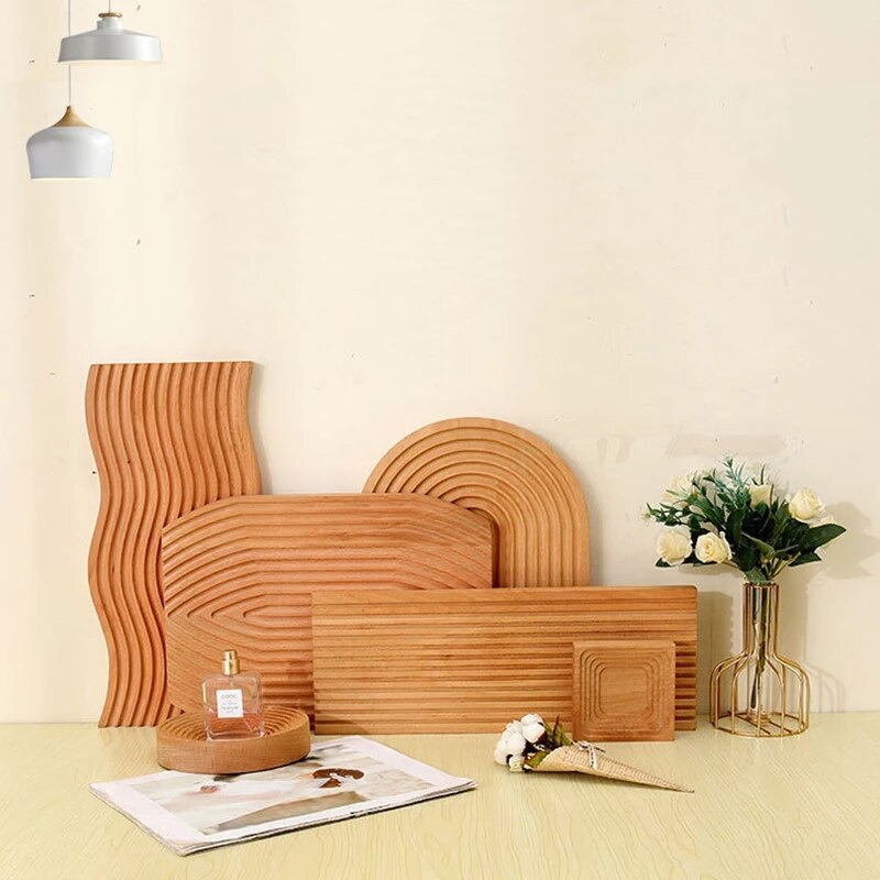 Food Photography Photo Props Wooden Crafts Wave Pattern Food Fruit Dessert Dinner Bread Tea Coffee Trays Plates Storage