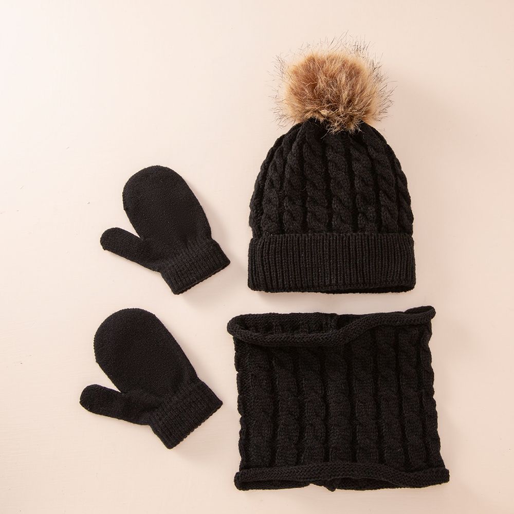 3Pcs/Set Cute Hat Scarf Gloves Set Solid Color Cotton Caps Winter Warm Accessories For Kids 0-3 Years Boys Girls Children: black