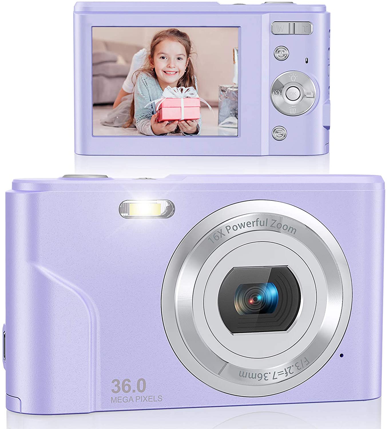 Digital Camera 36.0MP Vlogging Camera 16X Digital Zoom LCD Screen Compact Portable Mini Cameras for Students, Teens,: purple