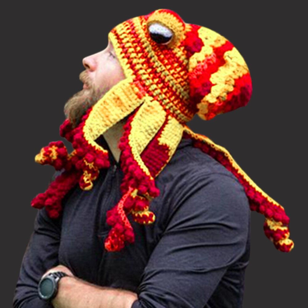 Knit Octopus Hats Beard Hand Weave Wool Christmas Cosplay Party Funny Tricky Headwear Warm Winter Men Hat Bonnet: Yellow