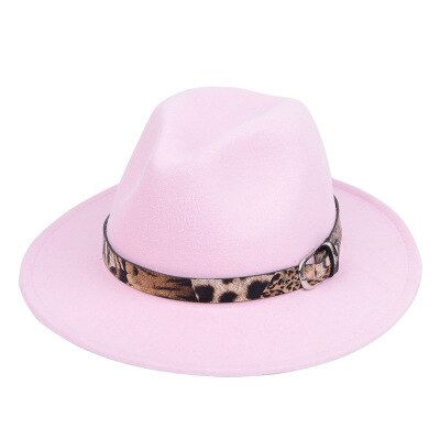 Newest Women Ladies Wool Felt Fedora Hat Leopard Print Wide Brim Wool Panama Casual Formal Party Winter Fedoras: Pink