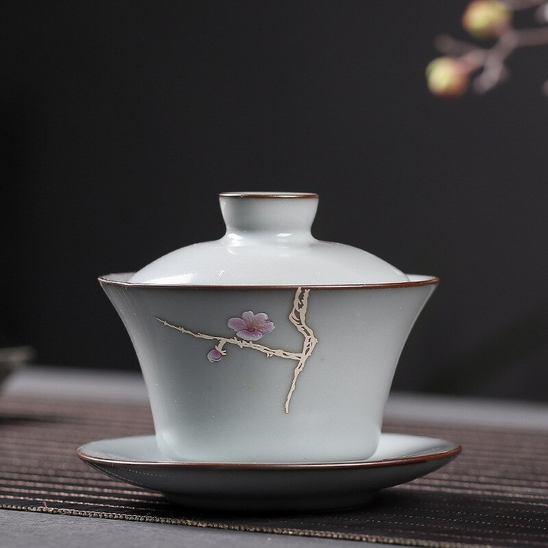 Longquan celadon cover bowl single bubble teacup ice crack kung fu tea set three cups large bowl ceramic: pink green