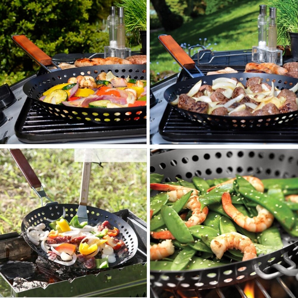 Non-stick Metal Grilling Skillet with Folding Wooden Handle Grill Pan with Holes Barbecue Pans for Outdoor BBQ Grilling Tools