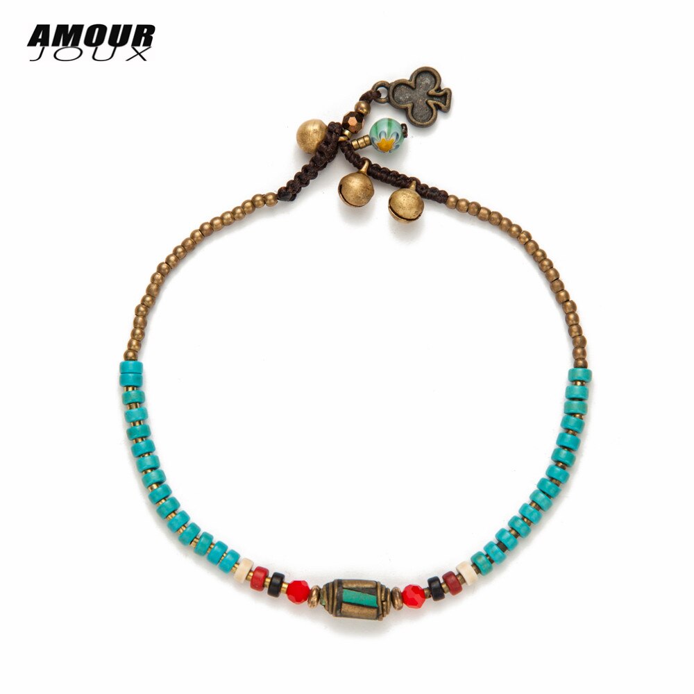 AMOURJOUX Handmade Tibetischen Runde Charme Bein Fußkettchen Für Frauen Farbe Kleine Perlen Kette Ankle Armband Fußkettchen Fuß Schmuck