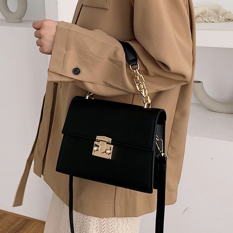 Female Chain Tote bag PU Leather Women's Handbag Lock Shoulder Messenger Bag: Black