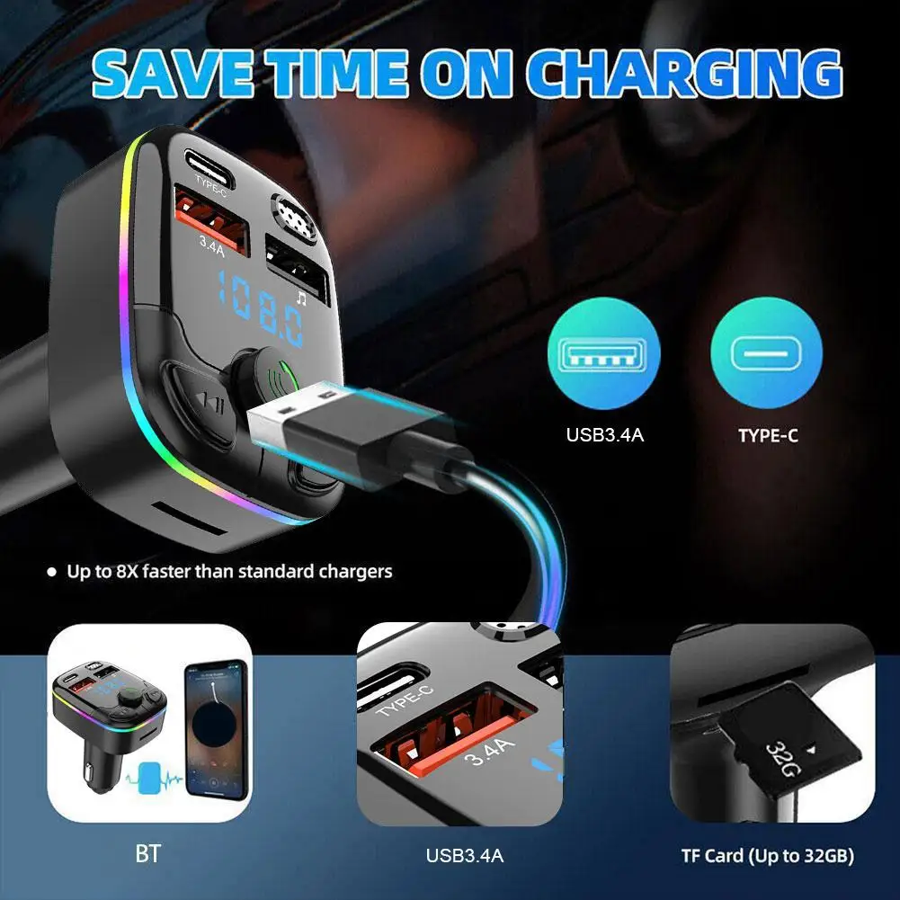3.4A Bluetooth 5.0 PD Dual USB Car Charger MP3 Charger Type-C Wireless Light Charge Adapter in Car For iPhone Huawei Xiaomi OPPO