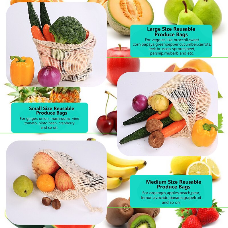 3Pcs Herbruikbare Produceren Zakken Katoen Netto Zakken Voor Opslag Fruit Groente Met Koord Organizer Opslag Netje Eco Vriendelijke