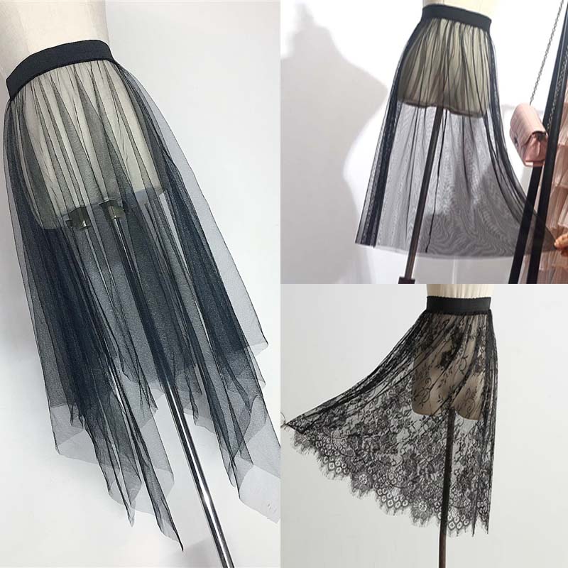 Summer Women Mesh Lace Skirts Women Casual Tulle Skirt High Waist Elastic Transparent Asymmetry black Skirt Overskirt