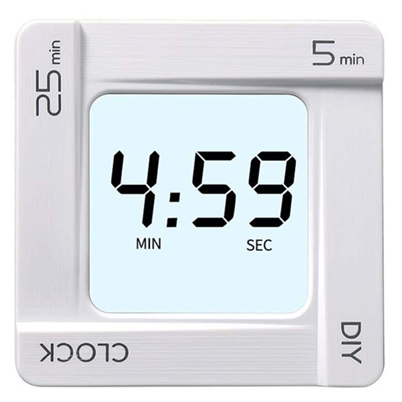 AT69 -Kitchen Timer, 5 Minute, 25 Minute and DIY Minute Preset Countdown Timer with Clock and Snooze Function, Mini Size: White