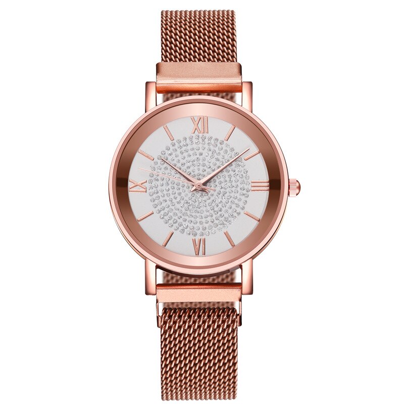 Relojes de de lujo para mujer, elegantes relojes de pulsera de oro para mujer, reloj de pulsera de cuarzo con hebilla magnética de malla inoxidable: white