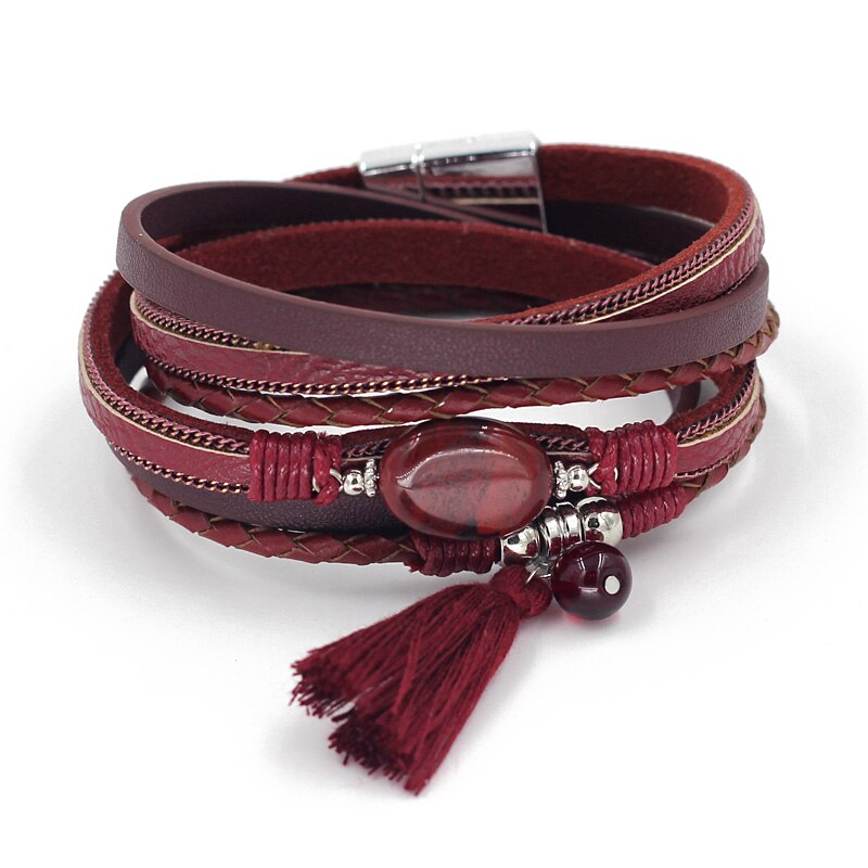 Vonnor Lederen Armbanden Voor Vrouwen Boho Sieraden Charm Natuursteen Kwastje Wrap Armband Vrouwelijke: B9005a Red