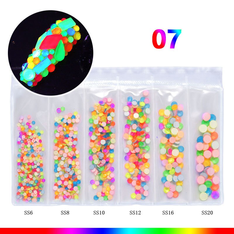 Diamantes de imitación fluorescentes para decoración de uñas, gemas de neón de tamaño mixto, arte de uñas, diamantes 3D, decoraciones DIY, 6 rejillas: 07 Multicolor