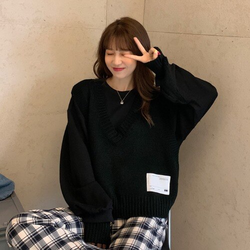 Suéter con cuello en V para mujer, Blanco Simple escolar que combina con todo, ropa de diario holgada Harajuku de estilo japonés para chicas: black tops (no vest)