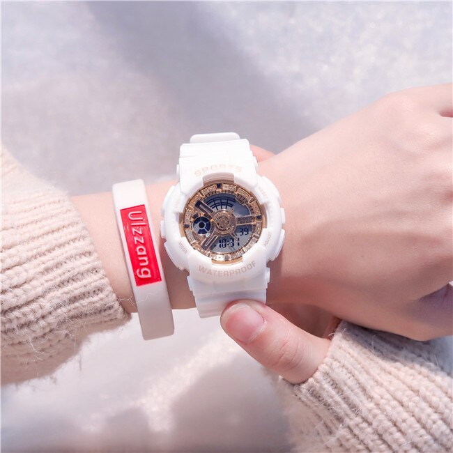 Montre numérique de l'amant de la étanche Sport montre-bracelet double temps or haut choc hommes femmes montre-bracelet Led horloge en caoutchouc