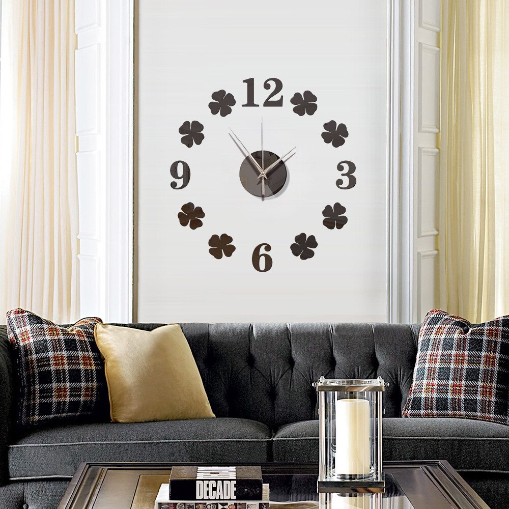 Creatieve Diy Lucky Klavertje Vier Acryl Muurstickers Wandklok Wandklok Home Decoratie Spiegel Mute Wandklok: Black