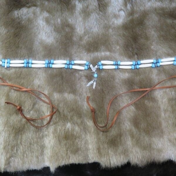 Mooie Vintage Sterling Sliver Eagle W/Ronde Turquoise Stone Buffalo Bone Choker Ketting Antieke Glazen Blauwe Kralen