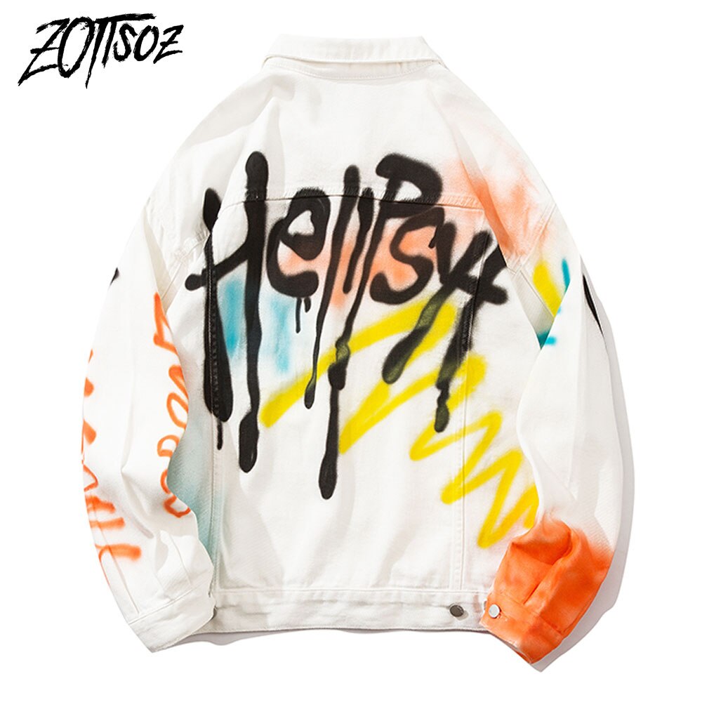 Punk Rock Gothic Denim Jassen Hip Hop Graffiti Print Jeans Jassen Streetwear Mannen Harajuku Casual Katoenen Jas Uitloper Wit